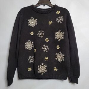 Holiday Christmas Sweater Black Knit Embroidered Beaded Gems Gold Snowflakes LG